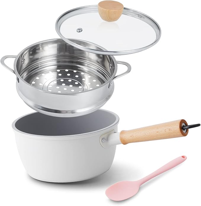 ROCKURWOK Ceramic Nonstick Sauce Pan with Lid, 1.5 Qt Small Pots for Cooking, Small Pot Wooden Handle for Cool Touch, Non Toxic & Pfas-Free Saucepan, Universal Base(Gas, Electric & Induction), White