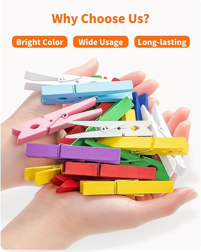 Colored Clothespins, Colorful Clothes Pins Wooden Clips Rainbow Colors 50 Pack Decorative Crafts Pegs Photos Pictures Decoration Clip Clothing Hanging Closepins, 2.9 Inch