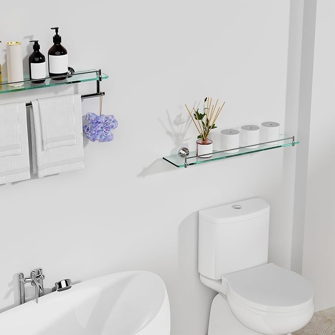 24 Inch Glass Bathroom Shelves,Chrome Polished Floating Shelves for Wall Rectangular Modern Stainless Steel Glass Shelf for Bathroom Shelves Wall Mounted
