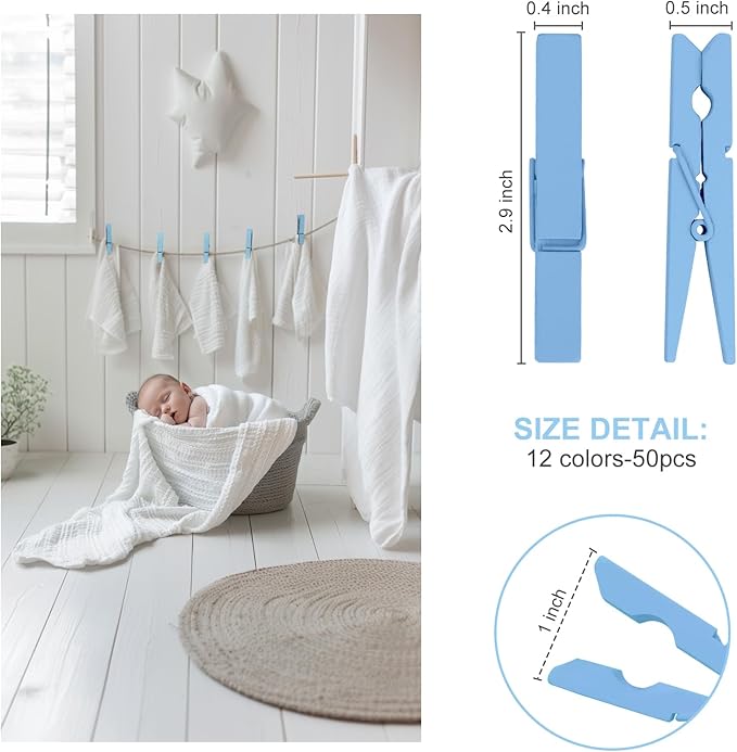 Colored Clothes pins 2.9inch 50PCS Blue, Colorful ClothesPins Wooden Clips for Photos Pictures Decorative Crafts, Decoration clothespins Clothing Hanging clothespins