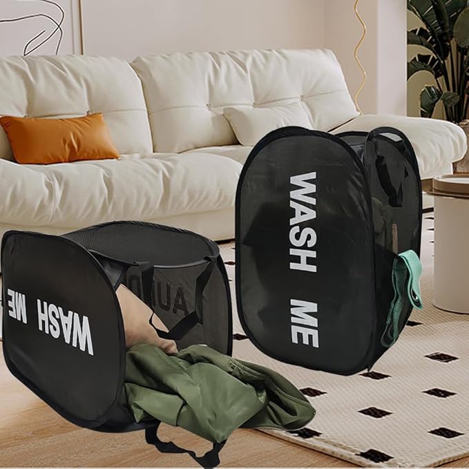 2 Pack Mesh Pop Up Laundry Hamper Collapsible Laundry Basket with Side Pocket, Strong Handles, Storage Organizer for Bedroom, Nursery Room, College Dorms (Black+Pink)
