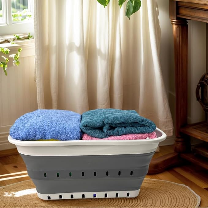 SAMMART 42L (11 gallon) Collapsible Plastic Laundry Basket - Foldable Pop Up Storage Container/Organizer - Space Saving Hamper/Basket (1, Grey/Steel Grey)