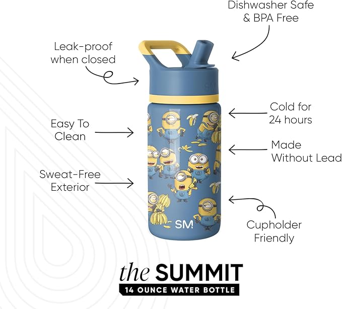 Simple Modern Kids Summit Water Bottle with Straw Lid | Despicable Me Minions 14oz Stainless Steel Cup Insulated Tumbler for Girls, Boys, School | Minions Unite