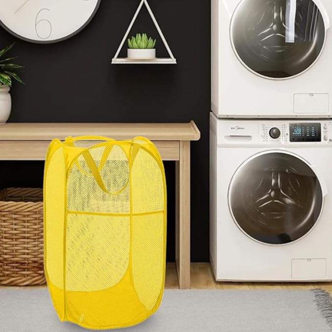 BATTOO Deluxe Strong Mesh Pop up Laundry Hamper Basket with Side Pocket for Laundry Room, Bathroom, Kids Room, College Dorm or Travel Yellow
