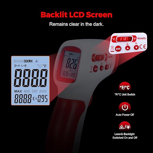 VCooklify Infrared Thermometer for Meat,Laser Temperature Gun,-58~1112°F,DS 12:1 Digital IR Temp Gun with Adjustable Emissivity&High/Low Alarm,LCD Display Thermal Gun for Food Oven Cooking HVAC