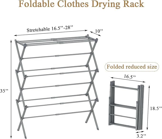 Foldable Drying Rack Clothing, 3-Tier Portable Clothes Drying Racks for Indoor & Outdoor, Anti-Rust Compact Laundry Rack Collapsible, Grey 28" D x 10" W x 35" H