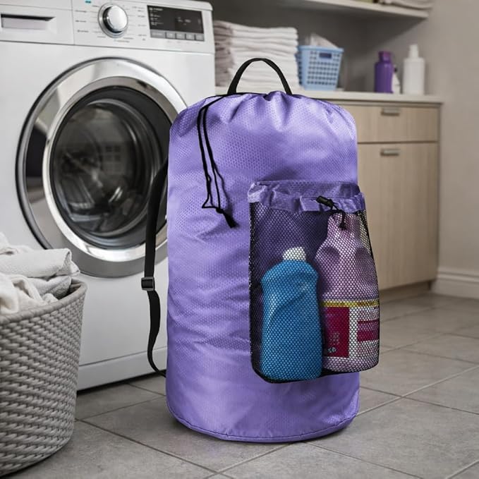 Laundry Bag with Shoulder Straps and Mesh Pocket Laundry Backpack Large Portable Laundry Hamper for College Laundromat Apartment