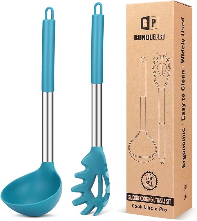 BUNDLEPRO Silicone Pasta Fork and Soup Ladle Spoon Set, 2 Pack, Pink