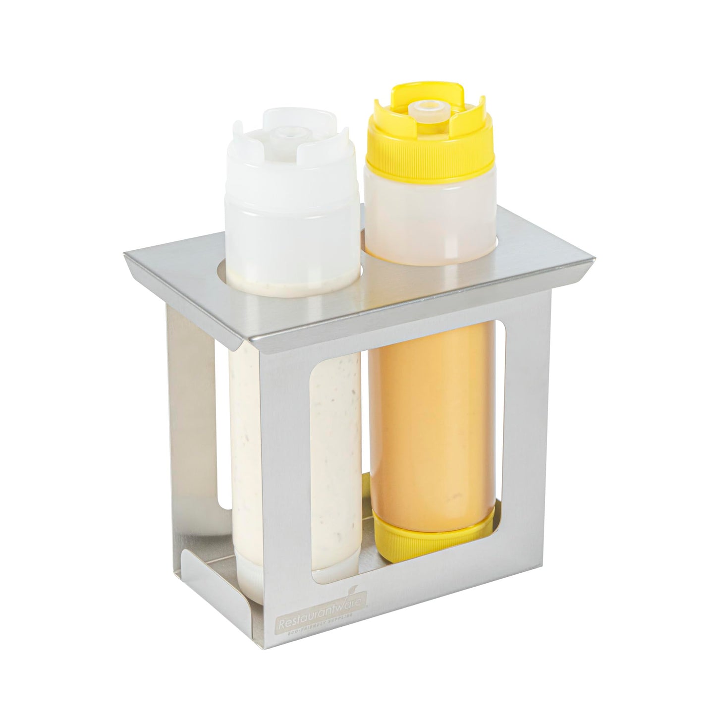 Restaurantware Squeeze Bottle Holder 1 Count 6.30 x 7.01 x 6.26 Inches Stainless Steel Condiment Organizer - Four-Hole Durable Kitchen Rack - Silver Prep Station Organizer