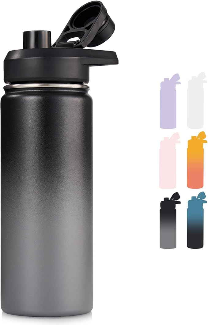 18 oz Insulated Water Bottle with Handle, 304 Stainless Steel Water Bottles with Wide Mouth, Double Wall Vacuum Sports Water Bottle, BPA Free, Keep Cold and Hot, Black/Gray