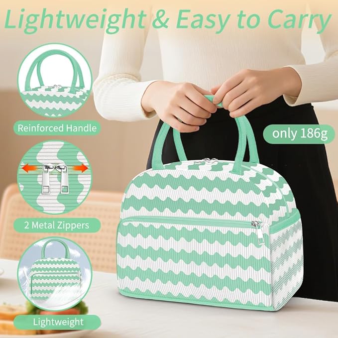 Coobiiya Lunch Bag for Women Men, Cute Lunch Tote Bags Insulated Reusable LunchBox Large Capacity Cooler Bag for Work Travel Picnic Green white