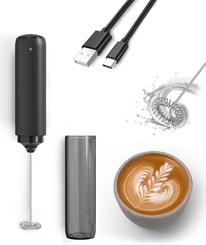Milk Frother Handheld Battery, Electric Foam Maker Frother Wand, Drink Mixer with Stainless Steel Whisk for Coffee, Matcha, Lattes, Cappuccino Black