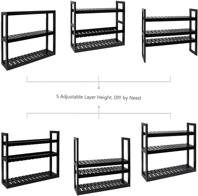 Domax Bamboo Bathroom Shelf 3-Tier Wall Mount Storage Rack Multifunctional Adjustable Layer Free Standing Over Toilet Utility Shelves Living Room Kitchen (Black)