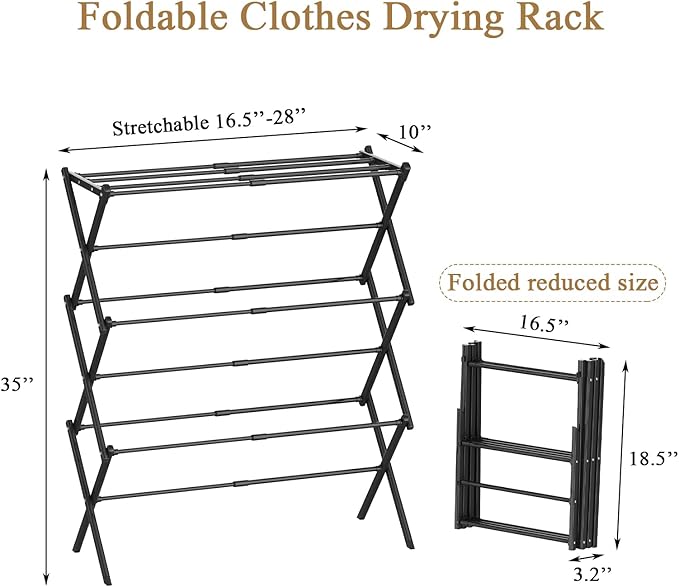 Foldable Drying Rack Clothing, 3-Tier Portable Clothes Drying Racks for Indoor & Outdoor, Anti-Rust Compact Laundry Rack Collapsible, Black 28" D x 10" W x 35" H