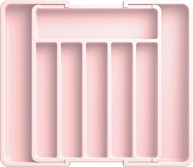 Aujen Silverware Organizer - Expandable Kitchen Drawer Organizer, Adjustable Utensil Organizer, Cutlery Tray for Forks, Knives, Multipurpose Kitchen Organizers and Storage Solution, Pink, Large