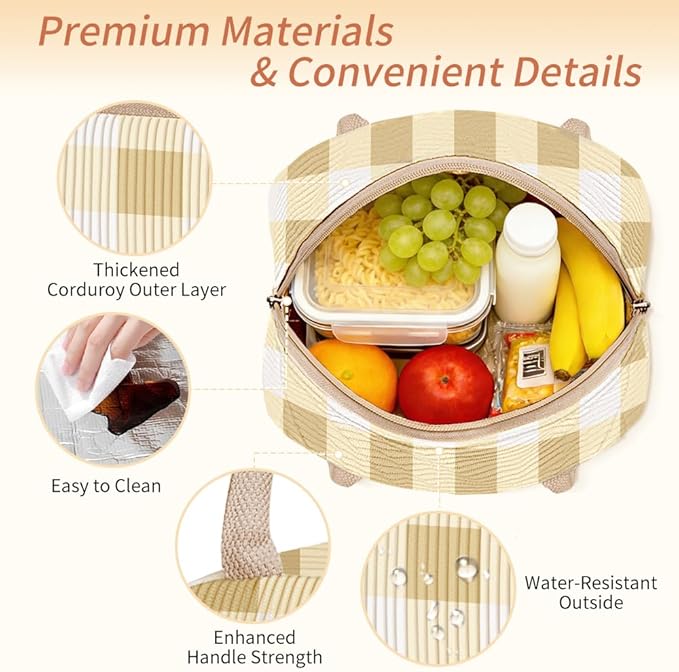 Coobiiya Lunch Bag Lunch Box for Women Men, Cute Corduroy Lunch Tote Bags Insulated Reusable LunchBox Large Capacity Cooler Bag for Work Travel Picnic