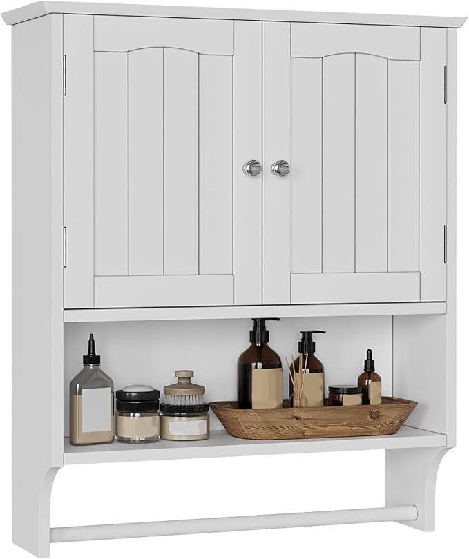 Bathroom Cabinet, White Bathroom Wall Cabinet with 2 Doors and Adjustable Shelf, Wall Mount, Towel Rack, Over The Toilet Storage Cabinet, Medicine Cabinet
