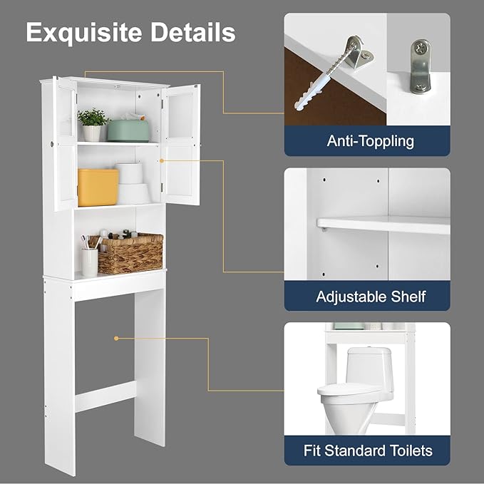 Bonnlo Over The Toilet Storage Cabinet with Adjustable Shelf White Bathroom Floor Organizer Space Saver with Double Doors, 67" Height