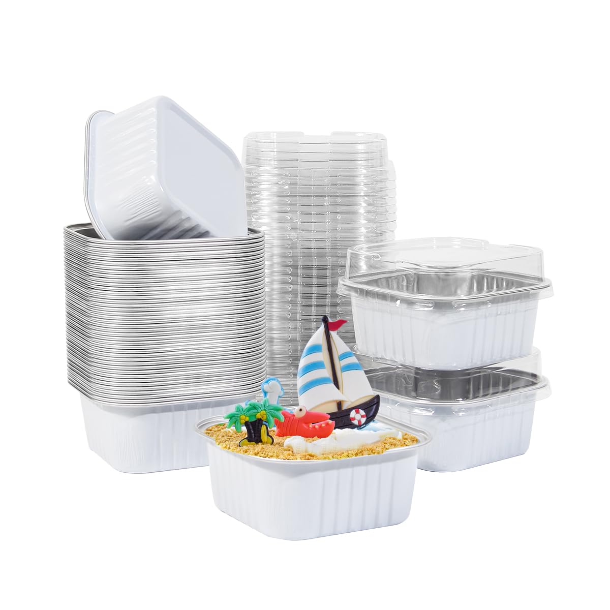 50 Pcs Mini Square Baking Cups with Lids,5oz Aluminum Foil Mini Cake Pans with Lids,Disposable Ramekins Cake Pans,150ml Dessert Cups Cupcake Pans for Wedding Birthday Party,Cowprint