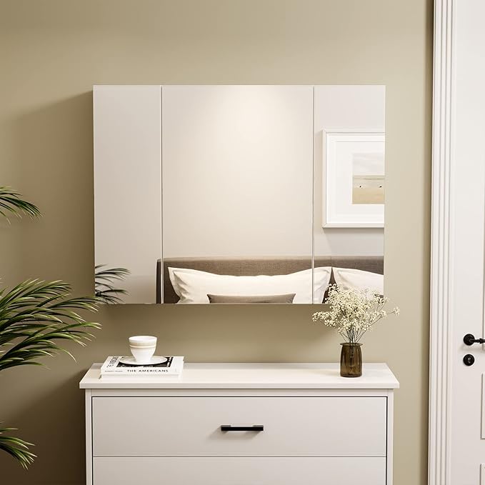 Medicine Cabinets Bathroom Mirror Cabinet with 3 Door 31.5x23.6 Inch Bathroom Wall Cabinet with Mirror Wall Mirror Storage Shelf with 3-Adjustable Shelves Storage Organizer Kitchen Cupboard,White