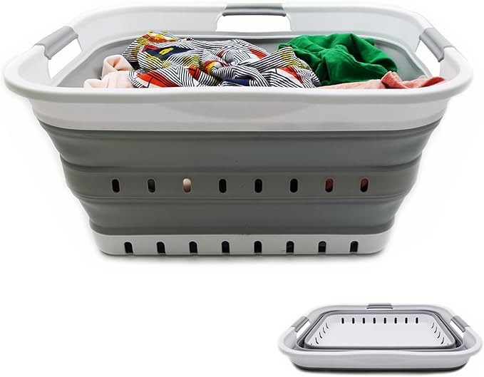 SAMMART 42L (11 gallon) Collapsible Plastic Laundry Basket - Foldable Pop Up Storage Container/Organizer - Space Saving Hamper/Basket (1, White/Grey)