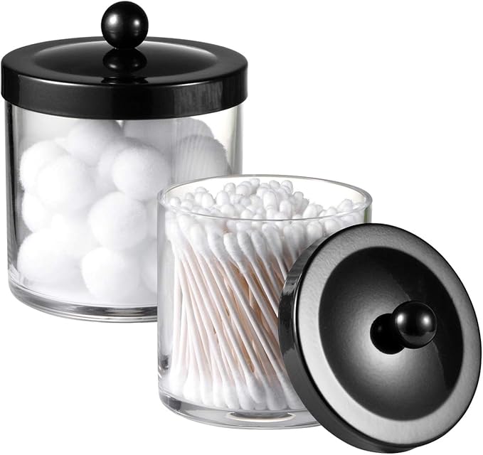 SheeChung 2-Pack Plastic Apothecary Jars with Black Metal Lids-Clear Acrylic Qtip Holder Set-Shatterproof Bathroom Vanity Organizer for Cotton Balls, Swabs, Pads-Modern Farmhouse Chic Decor