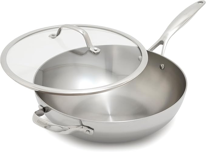 GreenPan Valencia Pro Tri-Ply Stainless Steel 12" Wok Pan with Lid, Induction Ready Cookware, All Cooktops, Sauce Pot, Mirror Finish, Dishwasher & Oven/Broiler Safe to 600F