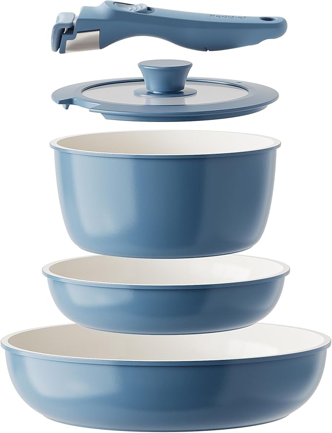 Redchef Ceramic Cookware Set, Removable Handle Pots and Pans Non-Stick, Rv Cookware Set, Non-Toxic Pots and Pans Set No PFAS, PTFE, PFOA, Detachable Pots and Pans, Dishwasher & Oven Safe (Green)