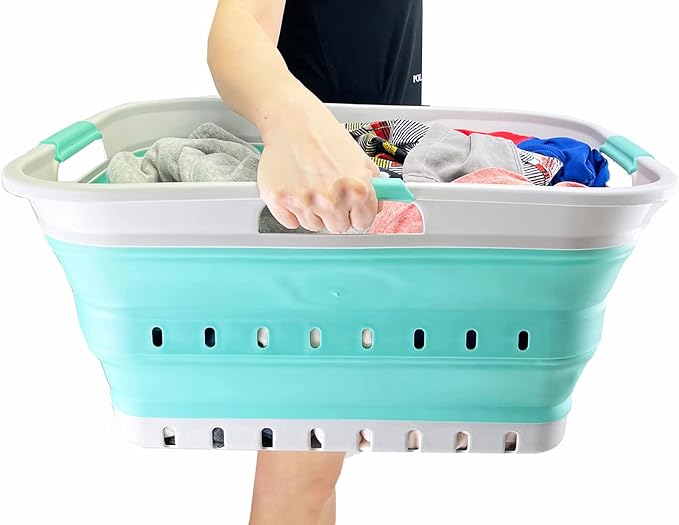 SAMMART 42L (11 gallon) Collapsible Plastic Laundry Basket - Foldable Pop Up Storage Container/Organizer - Portable Washing Tub - Space Saving Hamper/Basket (Grey/Pine)