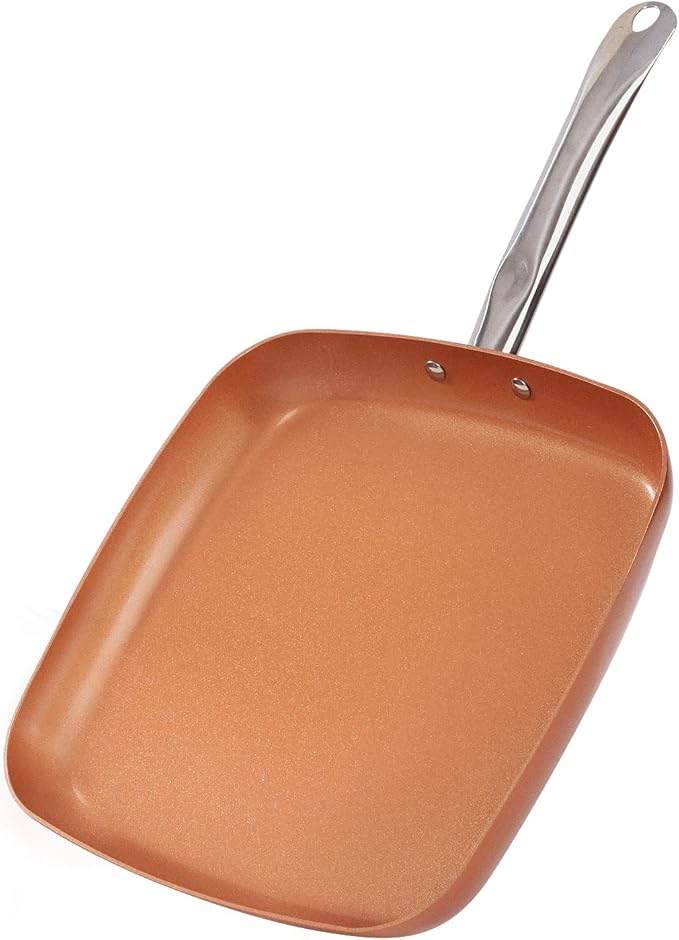 Toutrop Non-Stick Copper Square Frying Pan, 9.5" Chef Skillet with Ceramic Coating, Oven Dishwasher Safe, PFOA-Free, Home Use for All Stoves