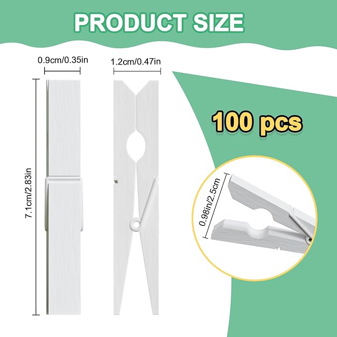 100Pcs White Clothespins, 2.9 Inch Clothes Pins Wooden, Colorful Clothespins for Hanging Clothes Crafts Picture Laundry Clips Cheer