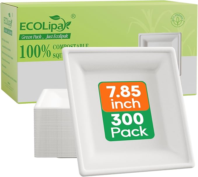 ECOLipak 7.85 Inch Compostable Square Paper Plates, 300 Count, White