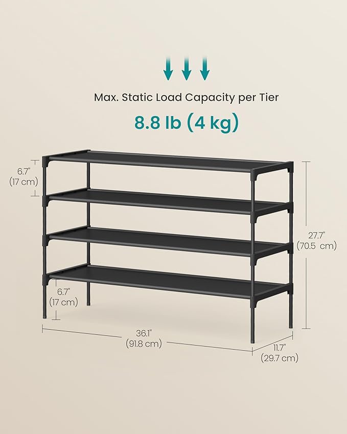 SONGMICS Shoe Rack, 4-Tier Shoe Storage Organizer, Space-Saving, 11.7 x 36.1 x 27.7 Inches, Entryway, Metal Frame, Non-Woven Fabric Shelves, Ink Black ULSH034BH01