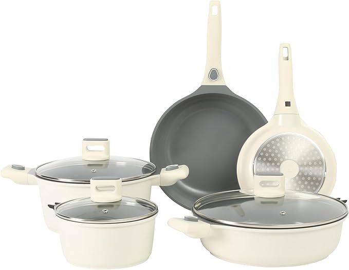 Sur La Table Kitchen Essentials 13 Piece Detachable Handle Pots and Pans Premium PFA Free Premium Ceramic Non Stick Induction Safe and Secure Removable Handle Cookware Set - Juniper Green