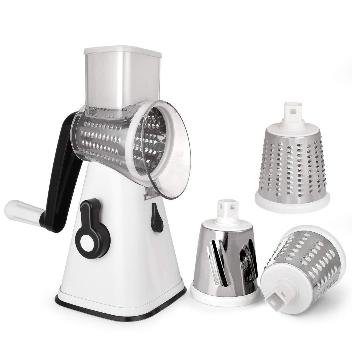 NILICAN Manual Rotary Cheese Grater, Potato Slicer Cutter Hand Crank, Kitchen Mandoline Vegetable Shredder, with 3 Interchangeable Blades (White)