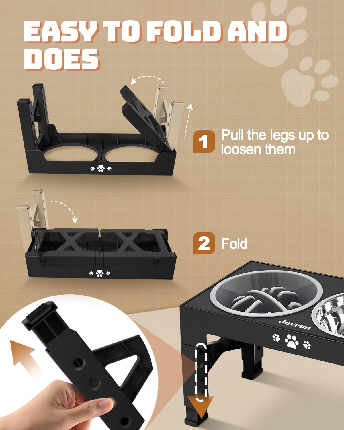 Jovrun Elevated Dog Bowls, Dog Feeder with 2 Stainless Steel Dishes &1 Slow Feeder Bowl, 5 Heights Adjustable Raised Stand for Medium Large, Food Dishes with Non-Slip Feet