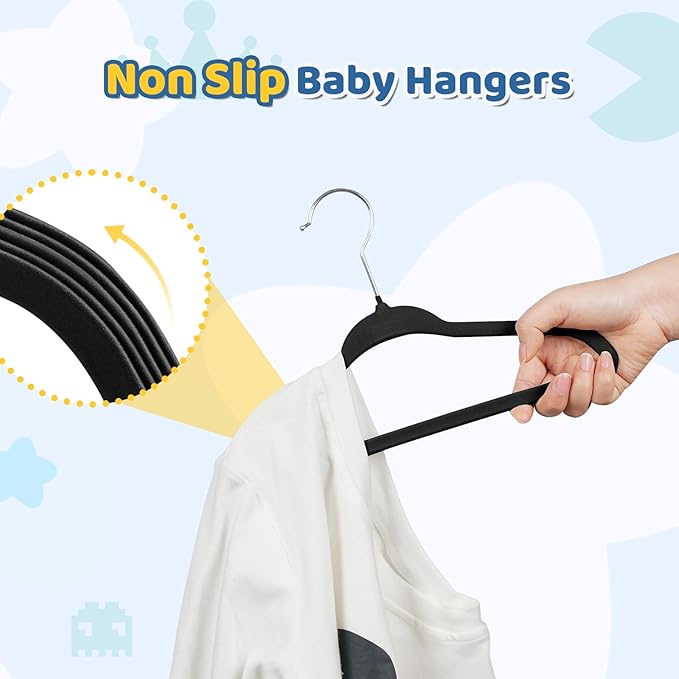 Smartor Premium 11 Inch Baby Hangers 50 Pack, Black Kids Velvet Hanger, Non Slip, Space Saving Felt Hangers Clothes Organizers for Closet with 360° Swivel Hook for Children, Infant & Toddler