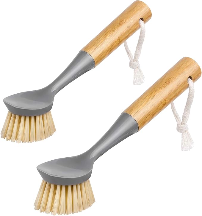 MR.SIGA Dish Brush with Bamboo Handle Built-in Scraper, Pack of 2