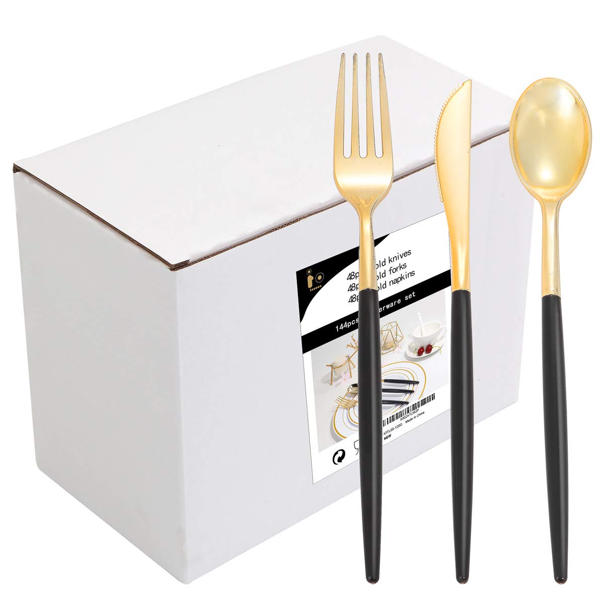 I00000 60 Pcs Black Plastic Cutlery Set, Gold Utensils with Black Handle