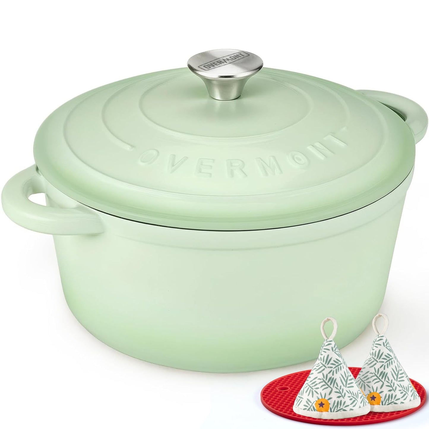 Overmont Enameled Cast Iron Dutch Oven - 5.5QT Pot with Lid Cookbook & Cotton Potholders - Heavy-Duty Cookware for Braising, Stews, Roasting, Sourdough Baking Verdant