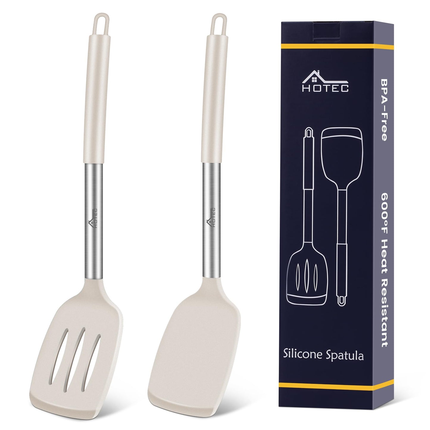 HOTEC Silicone Spatula Set of 2 Heat-Resistant 600°F & BPA-Free Kitchen SaptulaTurner with Stainless Steel Handles, Slotted & Solid Spatulas for Nonstick Cookware, 13.7 Inch, Khaki