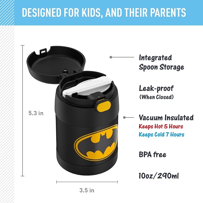 THERMOS FUNTAINER Insulated Food Jar, 10 Ounce, Kid Friendly Food Jar with Foldable Spoon, Batman