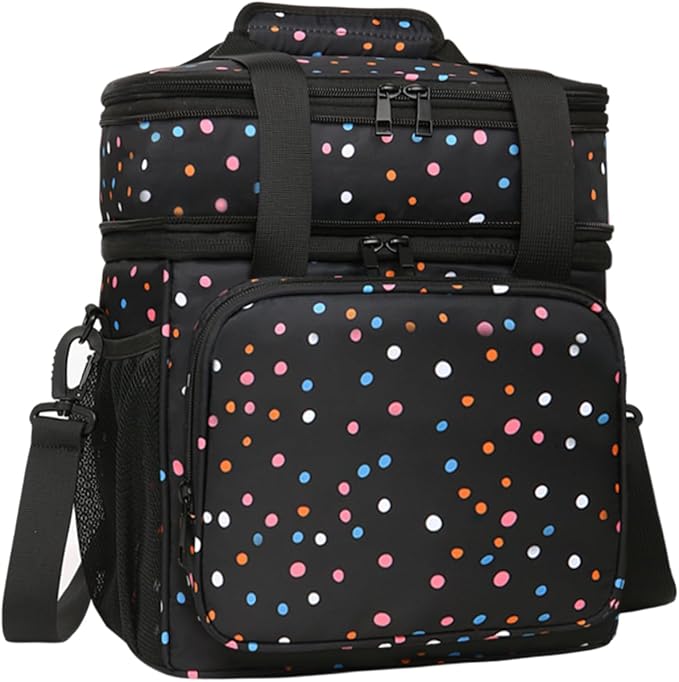 Expandable Insulated Lunch Box, Double Deck Lightweight Large Lunch Bag Tote Leakproof Cooler Bags for Women Adults Work Outdoor Picnic Daytrip, Polka Dots, 16L