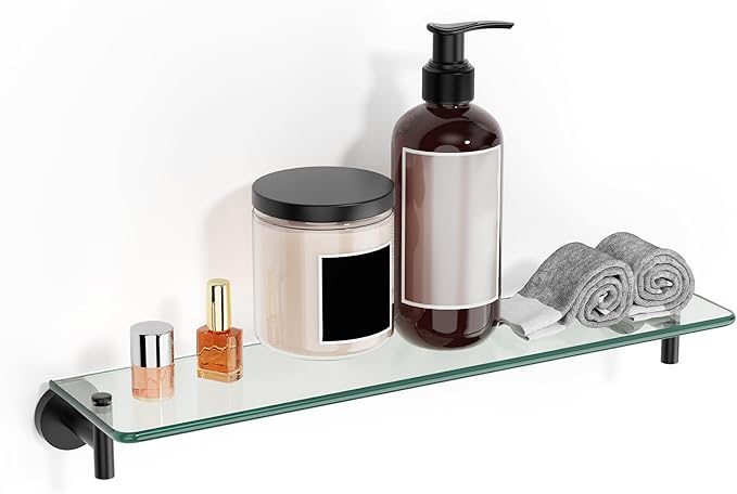 Glass Shelves for Bathroom,16-Inch Matte Black Floating Bathroom Shelf Stainless Steel Tempered Glass Shelf Modern Shelves Wall Mounted