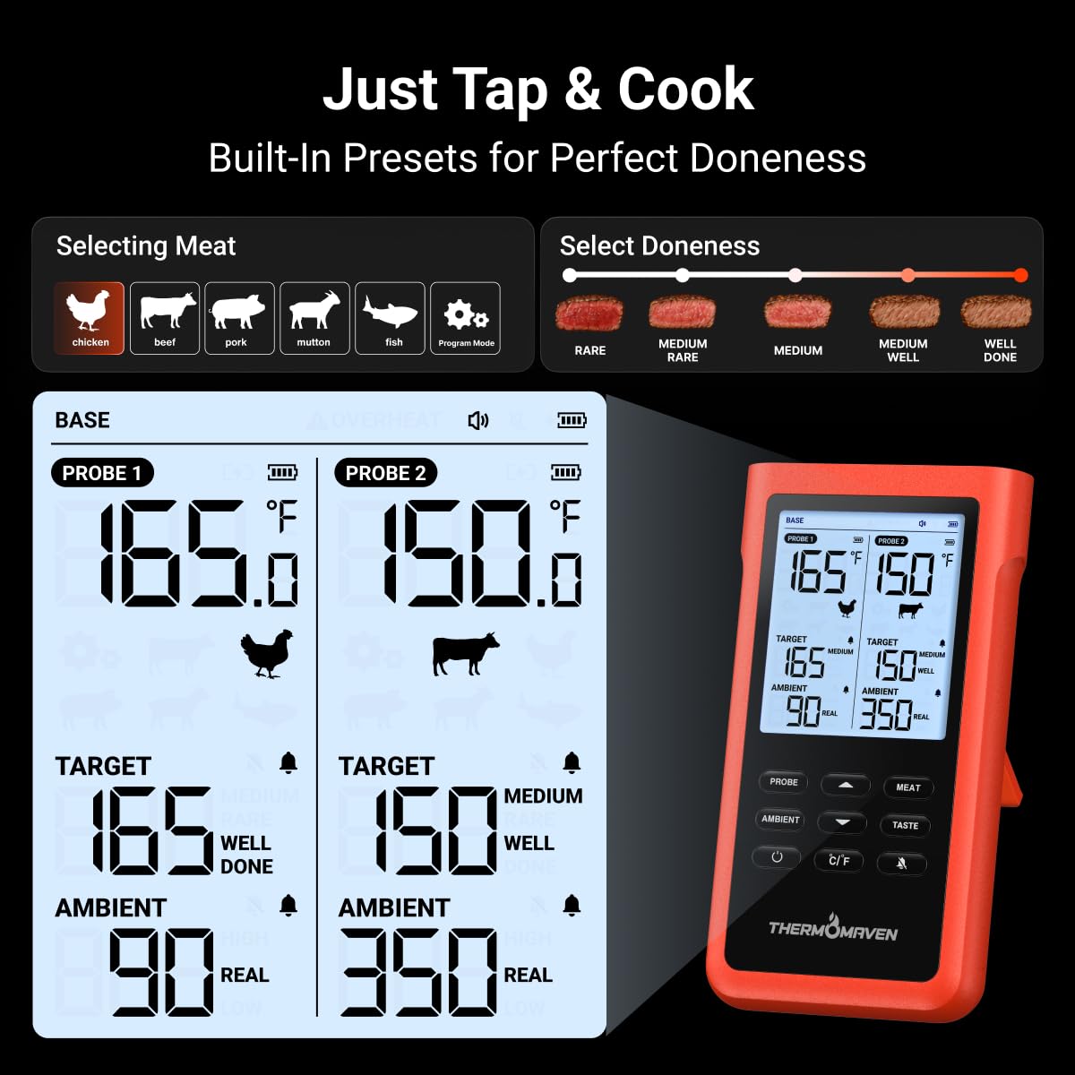 ThermoMaven 3000FT Wireless Meat Thermometer, No App Needed, 2 Probes