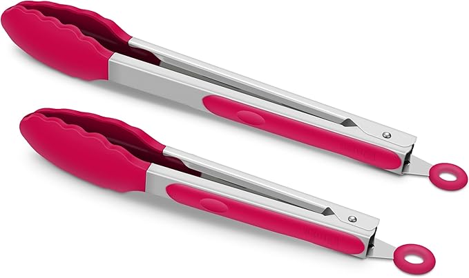 2 Pack Silicone Kitchen Tongs, 9 & 12 Inch, Stainless Steel, Purple