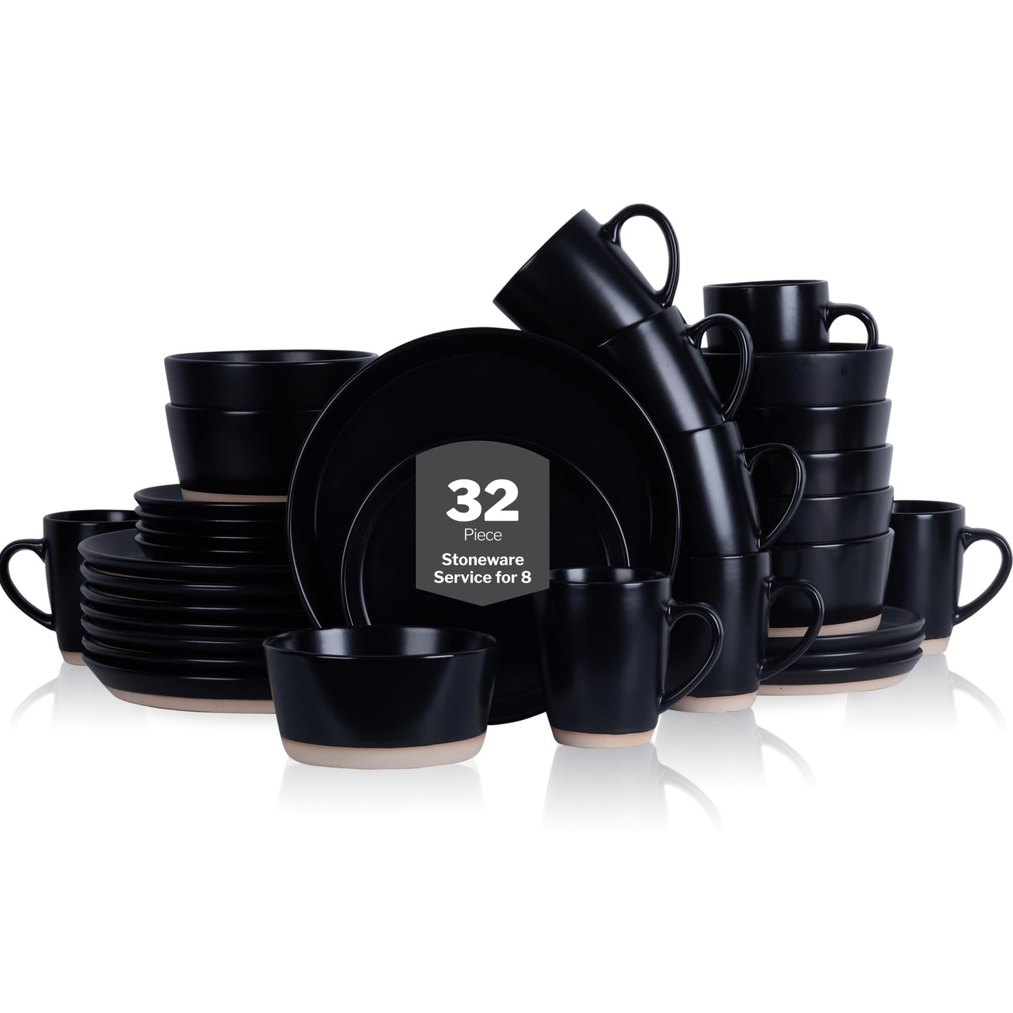 Stone Lain Albie Stoneware 32-Piece Modern Dinnerware Set, Kitchen Plates and Bowls Sets, Service for 8, Blue and Black, Microwave & Dishwasher Safe