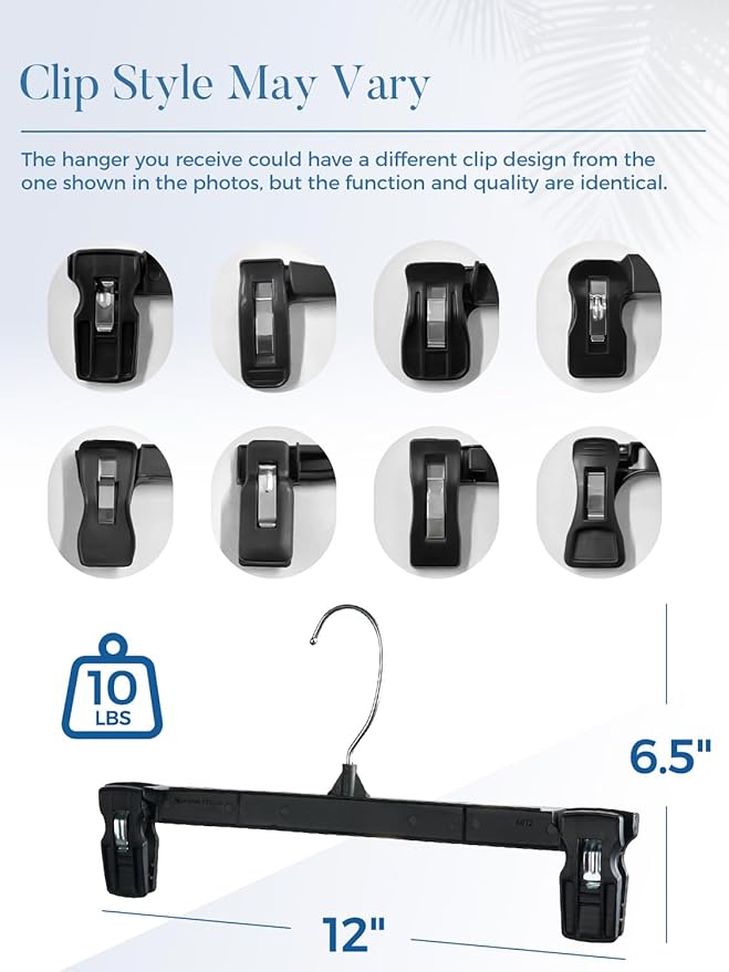 Smartor Space Saving Skirt Hangers - 60 Pack, Slim Plastic Pants and Shorts Hangers, Ridged Non-Slip with Pinch Clips, Black Clip Hangers for Women, 360-Rotating Chrome Swivel Hook, 12 Inches