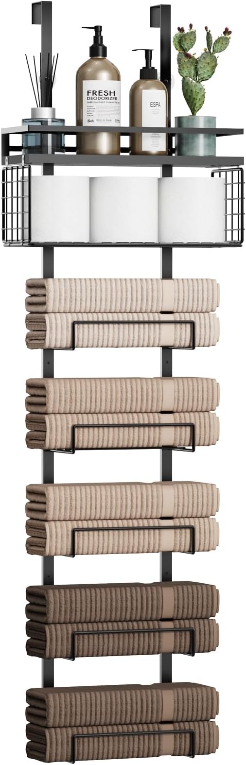 Towel Racks for Bathroom Over The Door Towel Racks Towel Storage Organizer with Metal Shelf Basket for Bathroom Rv Camper (7-Tier Black)