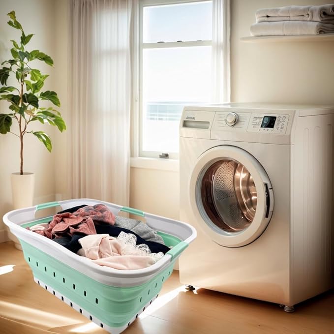 SAMMART 42L (11 gallon) Collapsible Plastic Laundry Basket - Foldable Pop Up Storage Container/Organizer - Portable Washing Tub - Space Saving Hamper/Basket (White/Pale Jade)